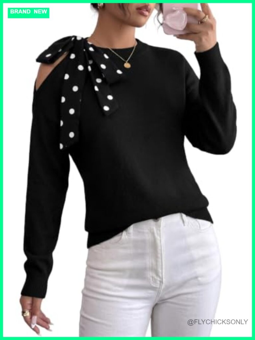 Off Shoulder Polka Dot Bow Knit Pullover Sweater